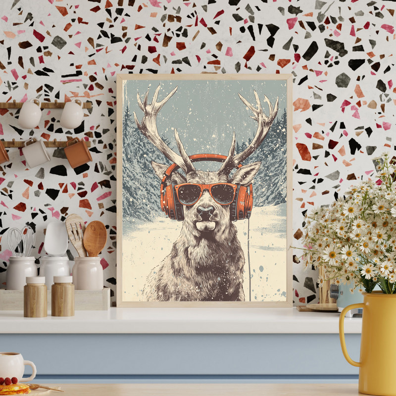 Christmas reindeer canvas wall art in neon pop art palette with halftone dots, great for dorm room decor, landscape Christmas reindeer canvas wall art in neon pop art palette with halftone dots, great for dorm room decor, landscape