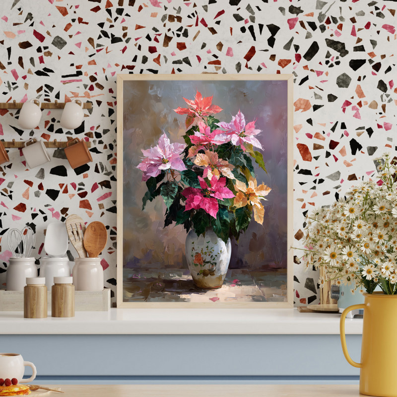 Colorful poinsettias vase canvas wall art, realistic oil painting with red and pink bracts in a ceramic vase, soft beige