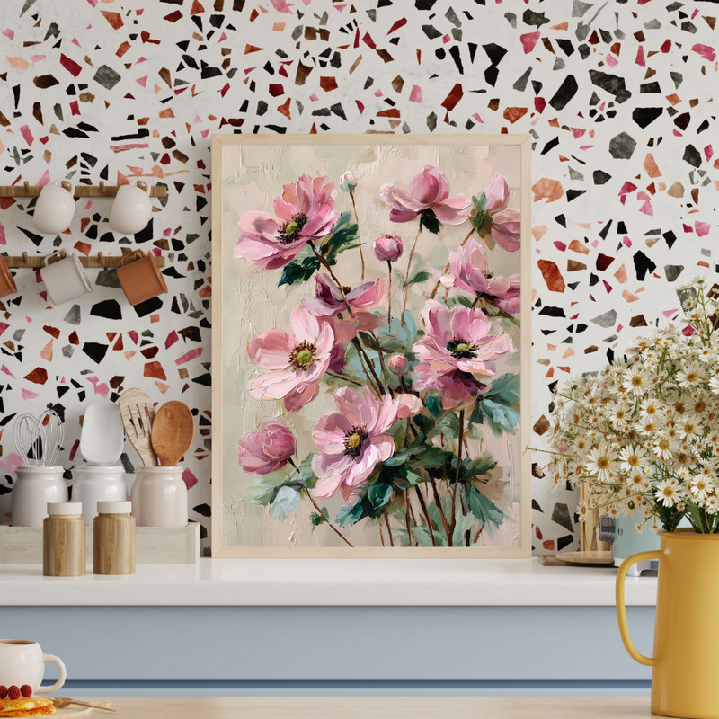 Anemones canvas wall art showcasing coral radiance, close-up blooms, rich texture, ideal bedroom accent, landscape
