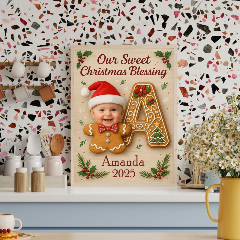 Gingerbread baby monogram canvas wall art with custom name initial, Baby’s First Christmas gift for newborn and parents