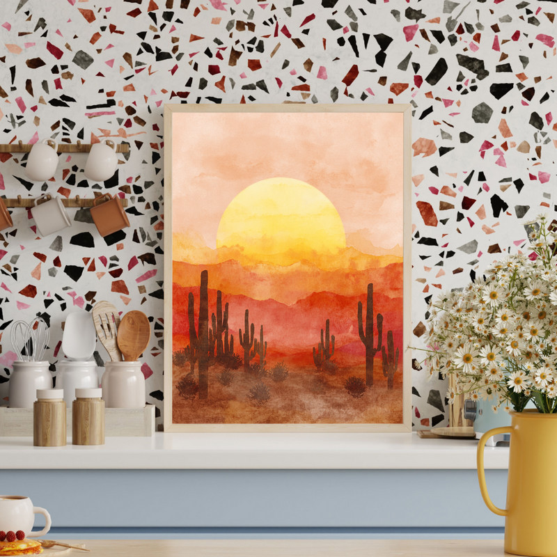 Desert harvest Thanksgiving landscape canvas wall art with cactus silhouettes at sunset, horizontal panorama for modern dorms