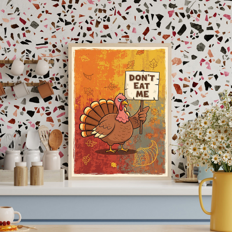 Funny Thanksgiving rustic canvas wall art, cartoon turkey pleading 'Don’t Eat Me', farmhouse style, landscape orientation for dorm walls