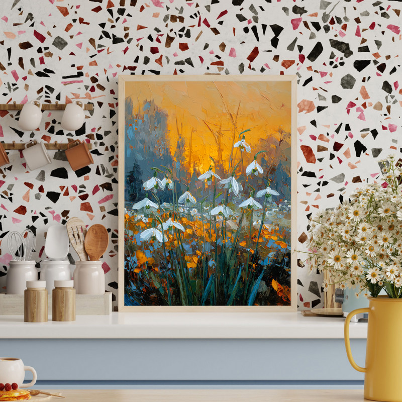 Dusty pink snowdrops canvas wall art in rustic botanical portrait style, muted blooms on canvas, ideal for cozy bedroom decor