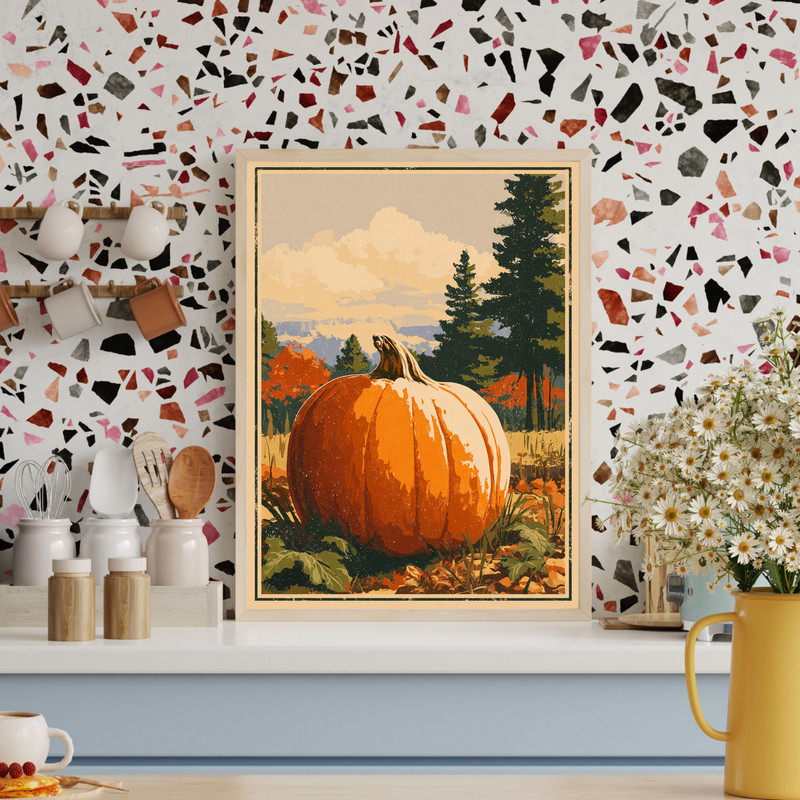 Giant pumpkin canvas wall art with weathered farmhouse texture, muted orange palette, ideal for dorm room fall holiday decor