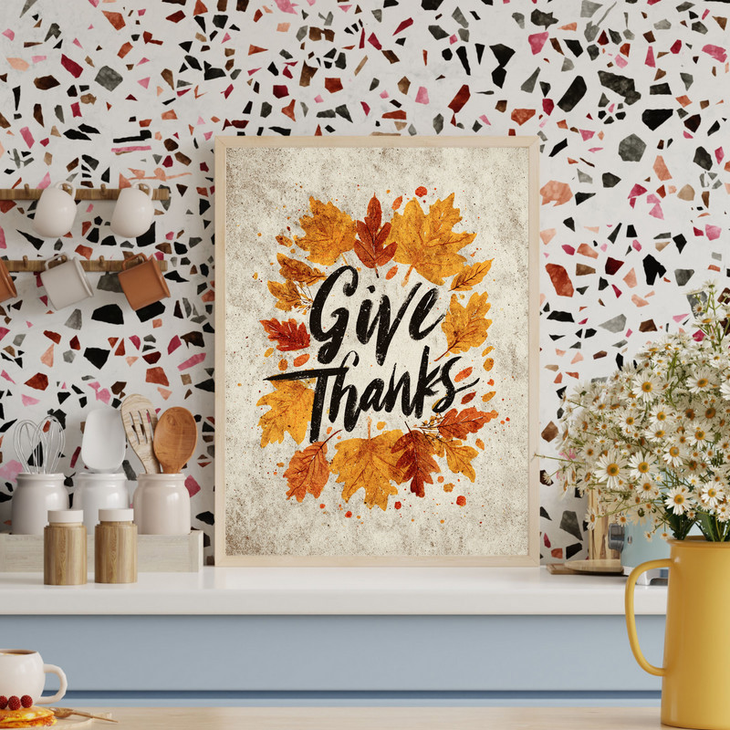 Autumn quote canvas wall art for Thanksgiving, 'Give Thanks' typography on rustic wood grain, seasonal dorm wall decor