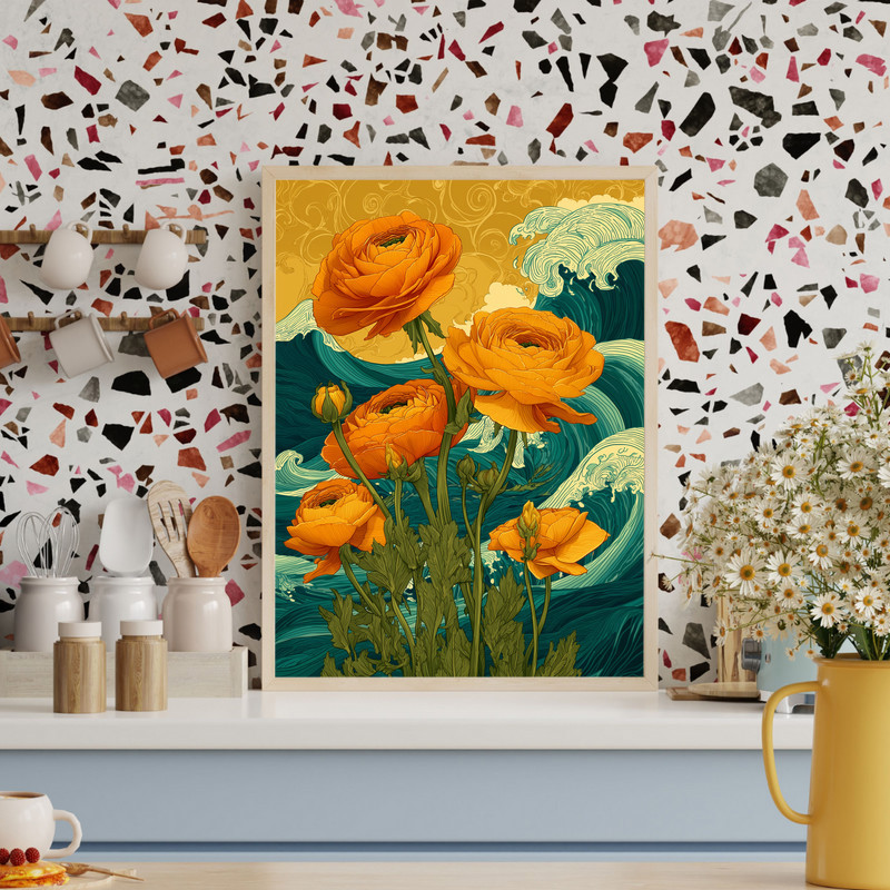 Golden Horizon ranunculi canvas wall art, seascape with florals over waves, landscape orientation in muted blues and gold