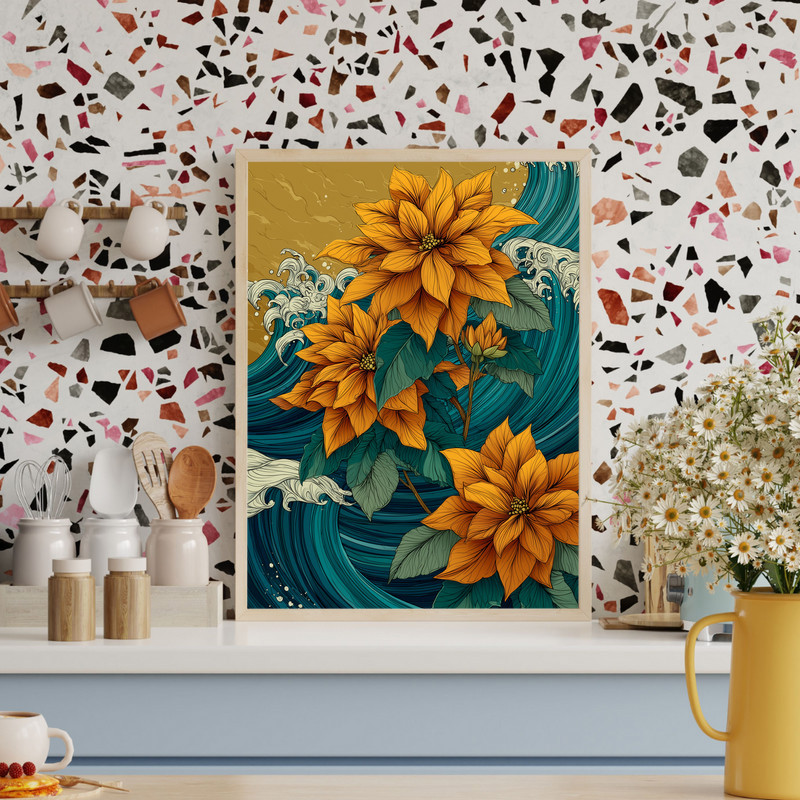 Golden sky poinsettias canvas wall art featuring sweeping wave motifs and radiant gold sky, close-up petals, portrait layout Golden sky poinsettias canvas wall art featuring sweeping wave motifs and radiant gold sky, close-up petals, portrait layout