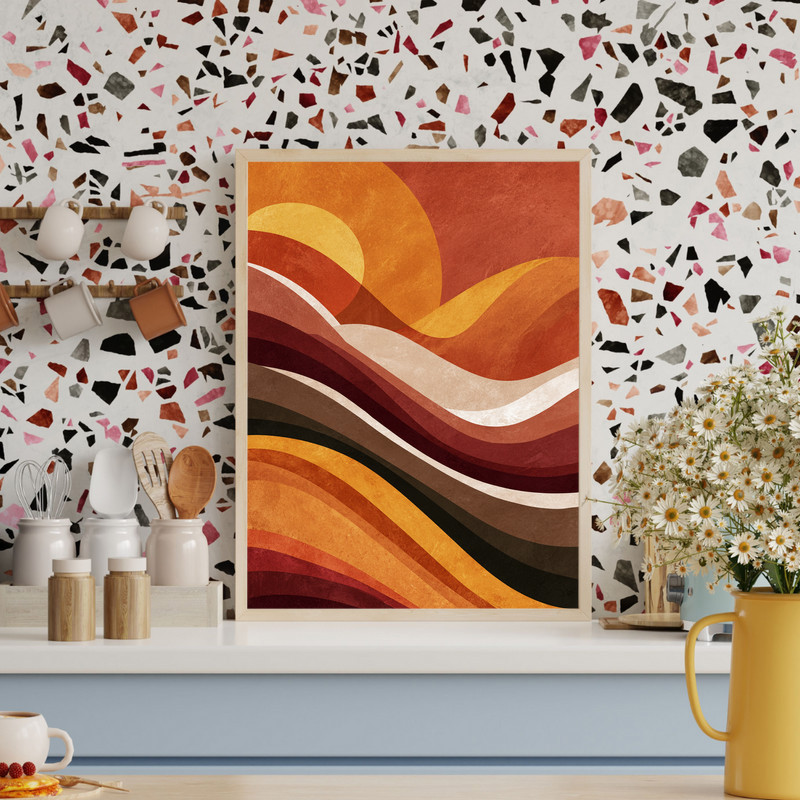 Harvest Waves Thanksgiving abstract canvas wall art, muted sage and rust tones with layered brushstrokes, vertical for dorm walls