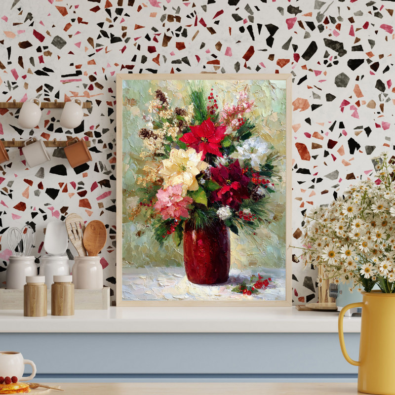 Holiday blooms canvas wall art featuring red poinsettias, holly berries, and evergreen, horizontal landscape for dorm rooms
