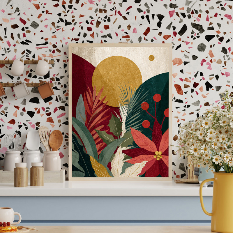 Holiday shapes modern Christmas canvas wall art with abstract trees and stars, sleek wall decor accents ideal for a dorm room