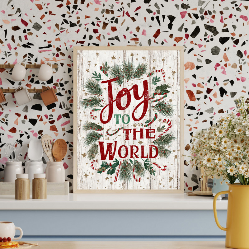 Joy to the World rustic canvas wall art for cozy dorm room decor, farmhouse-style lettering on a simple minimalist backdrop