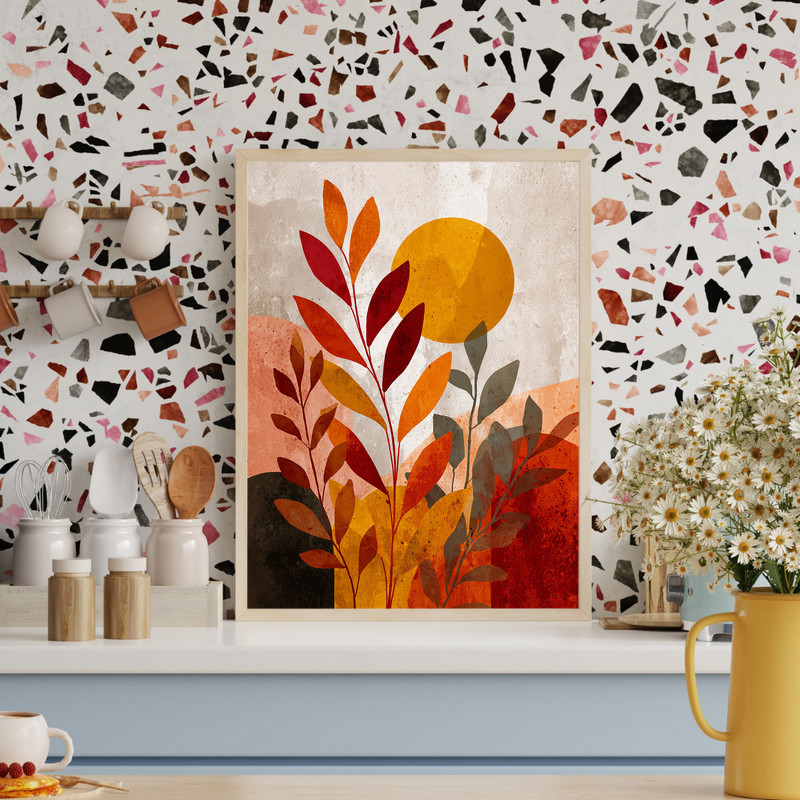 Layered autumn canvas wall art in portrait orientation, warm minimal layers on a beige backdrop for modern dorm room decor.
