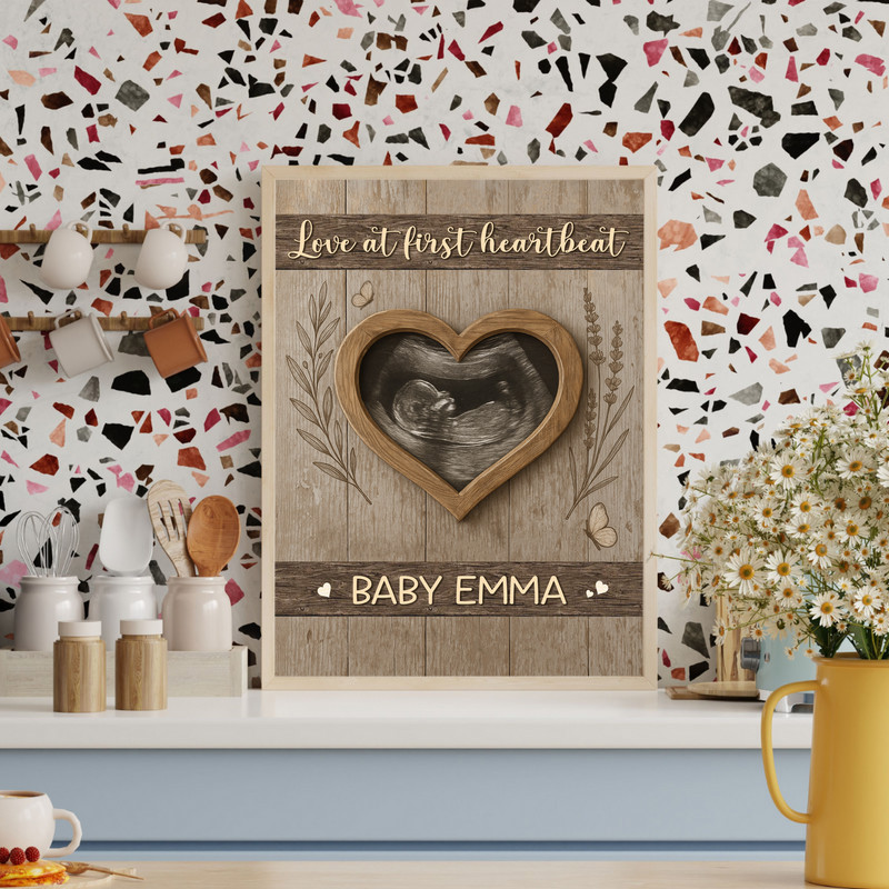 Love At First Heartbeat ultrasound photo canvas, whitewashed wood look, custom baby name and date, newborn gift for parents