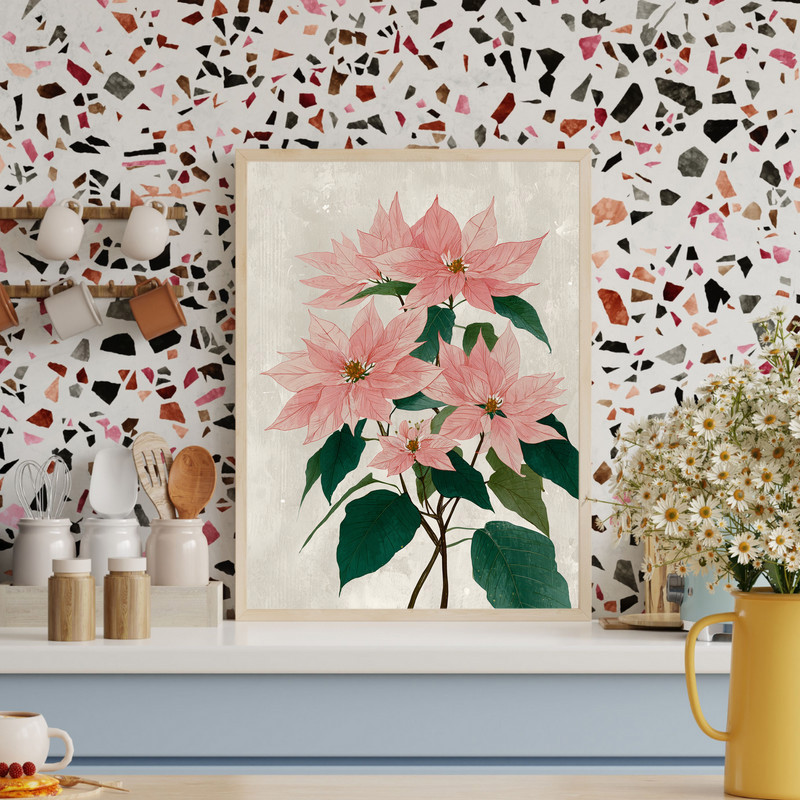 Poinsettias bloom canvas wall art, single stem close-up in dramatic oil painting on charcoal background as living room decor