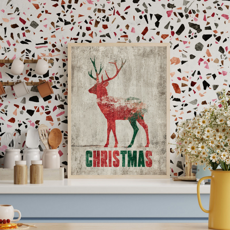 Minimalist reindeer Christmas canvas wall art, portrait format with forest green backdrop, ideal for cozy dorm decor
