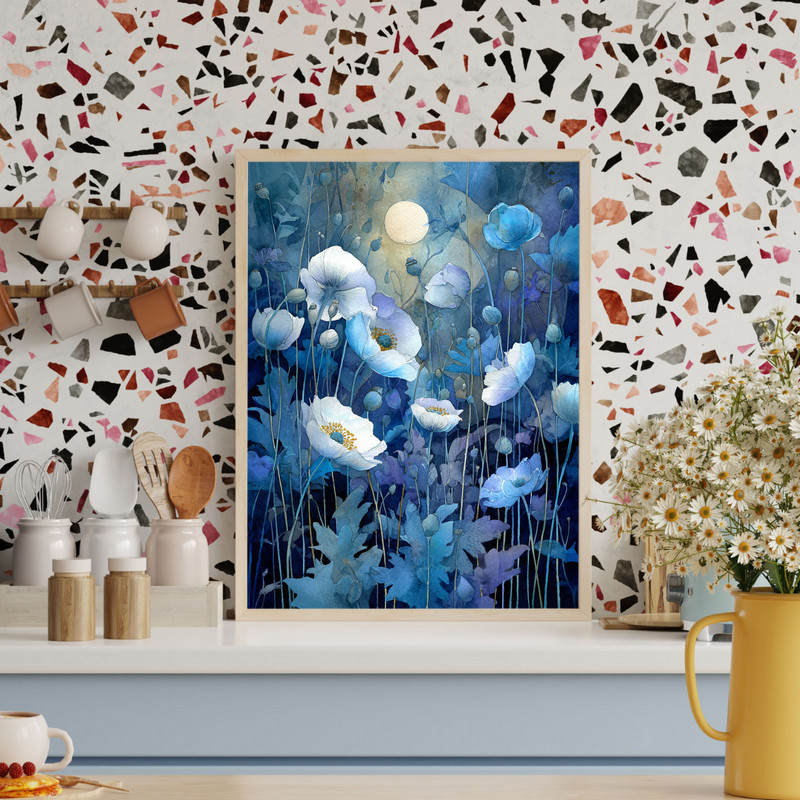 Moonlit night garden of anemones canvas wall art, deep navy backdrop with white petals, vertical piece suited to modern living rooms Moonlit night garden of anemones canvas wall art, deep navy backdrop with white petals, vertical piece suited to modern living rooms