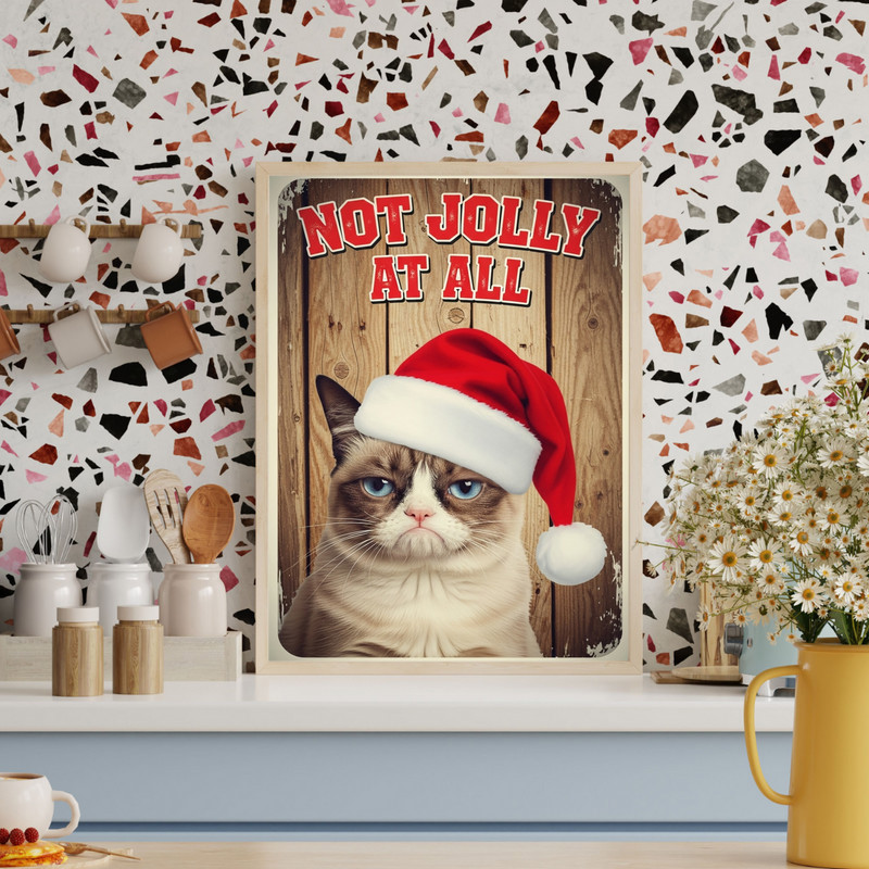 Not Jolly At All Christmas cat canvas print, grumpy meme typography, festive palette, horizontal orientation for dorm walls