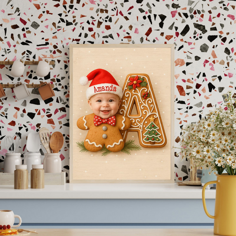 Baby gingerbread letter canvas, custom monogram with icing and birth date, nursery art for Baby’s First Christmas gift