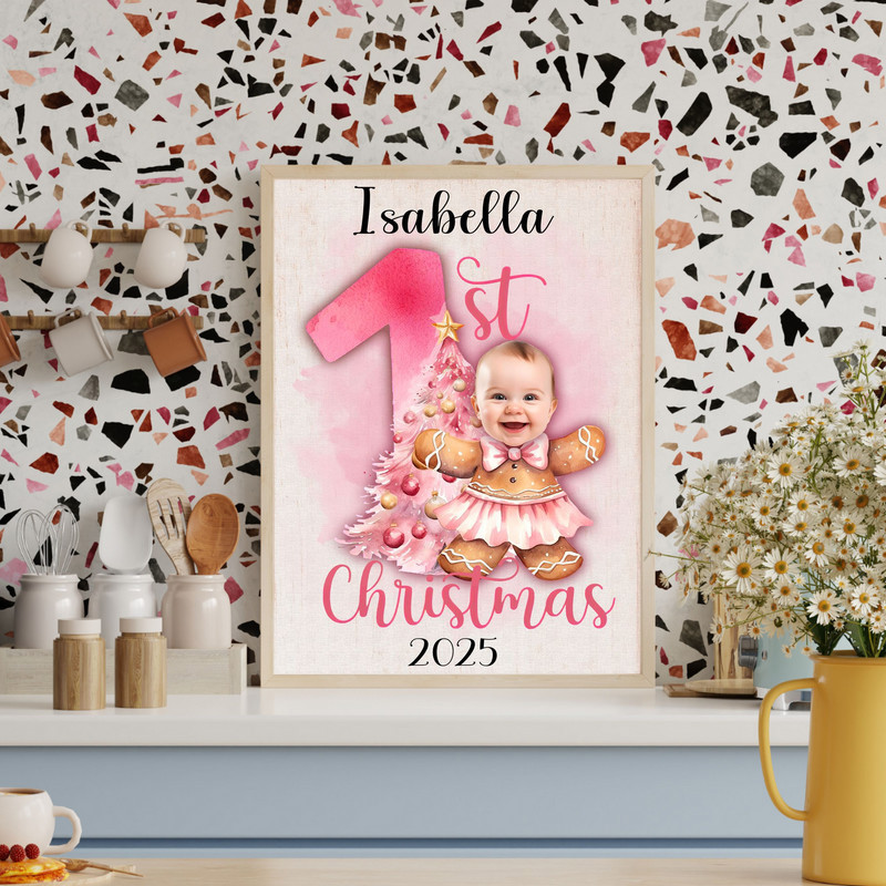 Baby girl first Christmas canvas wall art, pink gingerbread ballerina in tutu, personalized keepsake for newborn nursery Baby girl first Christmas canvas wall art, pink gingerbread ballerina in tutu, personalized keepsake for newborn nursery
