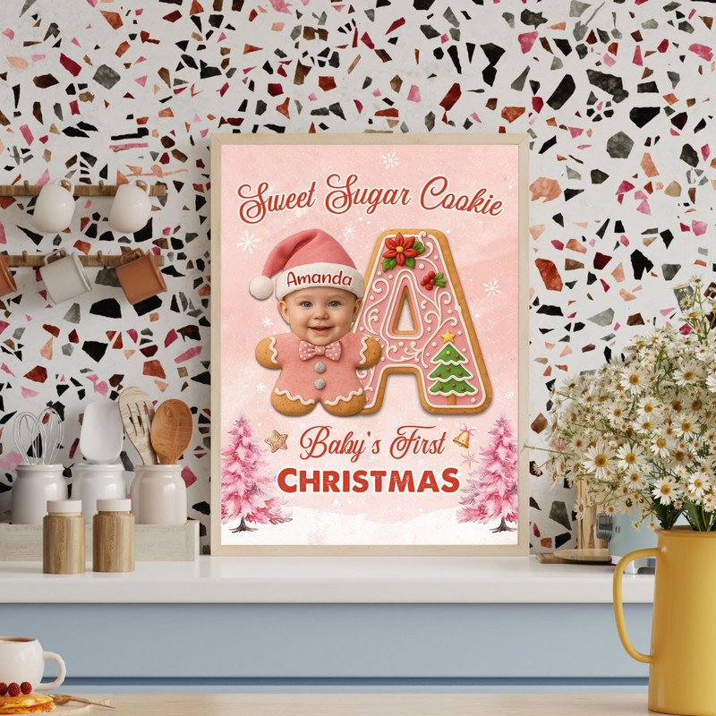 Baby pink gingerbread cookie canvas wall art, custom name and year, frosted details for nursery decor and first holiday