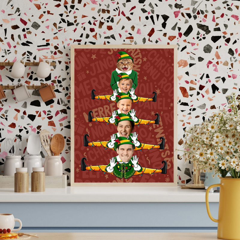 Elf family Christmas tree canvas wall art, landscape with five elves, lights, custom family name and year on chalkboard black