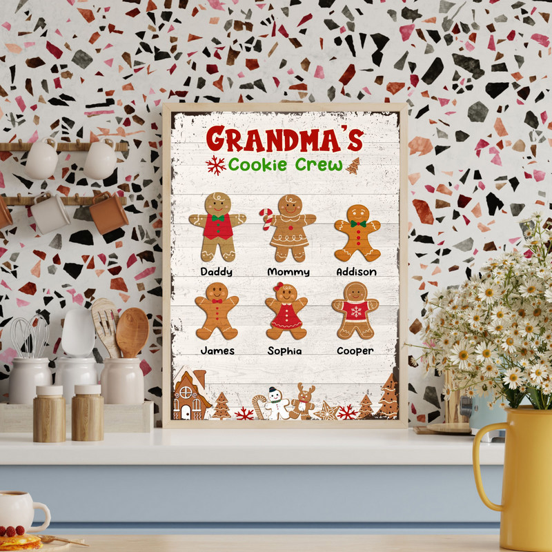 Grandma’s Cookie Crew Christmas canvas wall art, personalized gingerbread family with grandkids’ names, cute gift for grandma