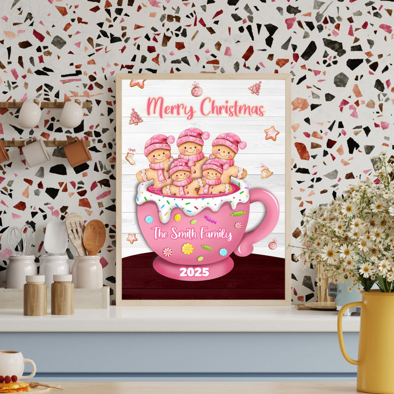 Pink gingerbread family in cocoa mug Christmas canvas wall art, custom names and family size, pastel decor for living room Pink gingerbread family in cocoa mug Christmas canvas wall art, custom names and family size, pastel decor for living room
