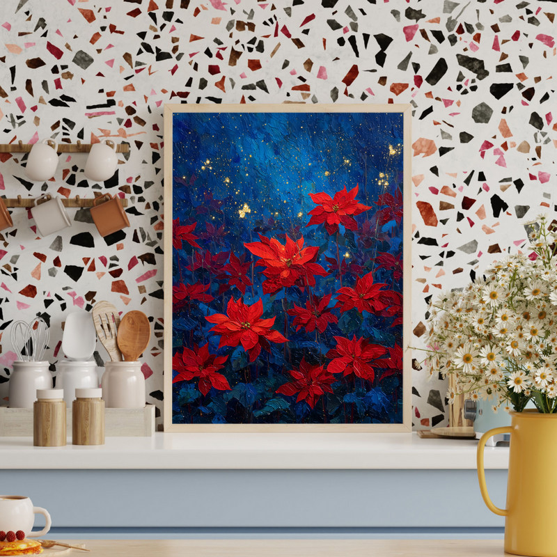 Poinsettias night garden canvas wall art, watercolor poinsettia blooms with emerald leaves against deep indigo, landscape