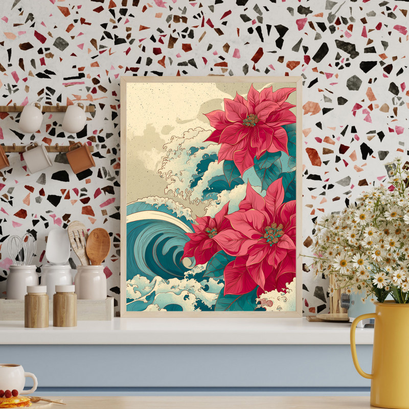 Japanese-inspired poinsettias and ocean waves canvas wall art, red blooms with teal rolling surf, square textured canvas
