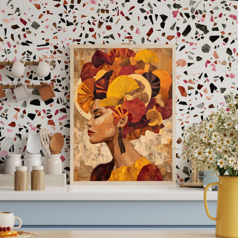 Portrait of a woman with an extravagant headdress canvas wall art, warm earthy palette and gold accents, ideal for fall dorm