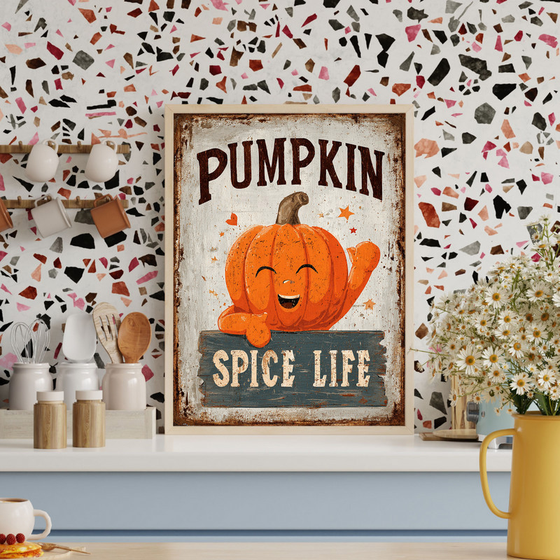 Pumpkin spice life meme canvas wall art with retro typography, orange and cream palette, humorous Thanksgiving dorm decor