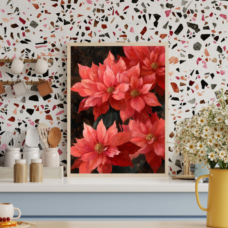 Red poinsettias canvas wall art, rustic fine art portrait with moody dark backdrop and green leaves accenting the blooms