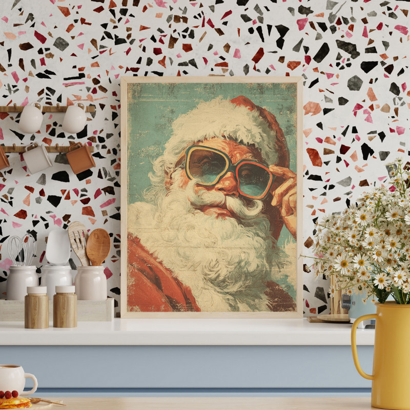 Retro Santa canvas wall art in vintage-inspired cute design, ideal dorm room wall decor for playful holiday season vibes on campus