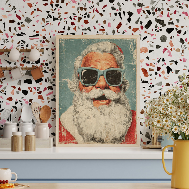 Retro Santa canvas wall art, portrait orientation with snowflake backdrop and vintage flair, Christmas accent for dorm rooms.