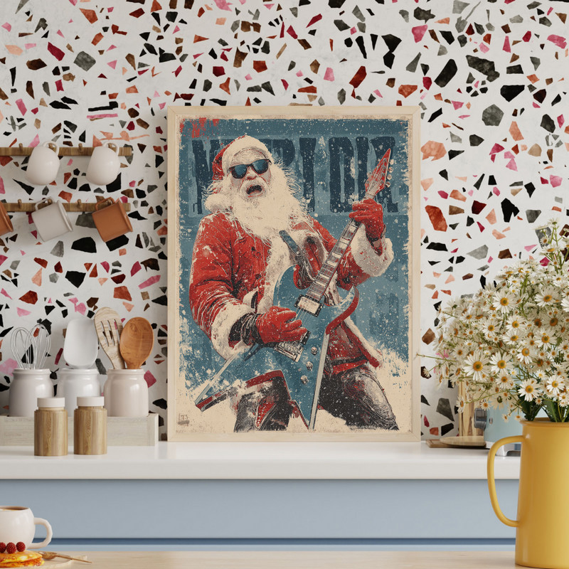 Rockstar Santa holiday canvas wall art, retro rustic vibe and vintage hues, perfect for college dorm wall decor