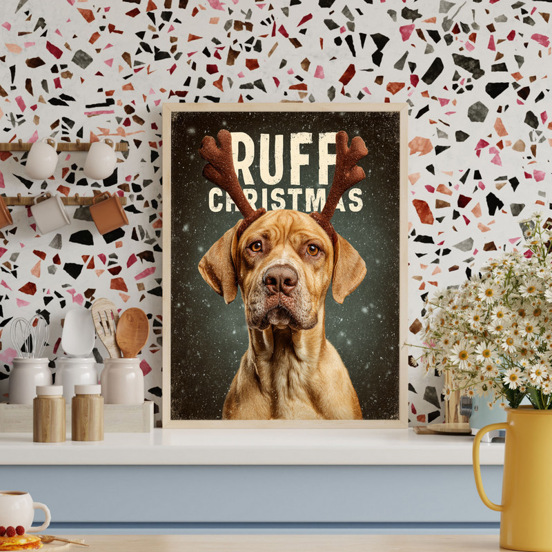 Ruff Christmas dog meme canvas wall art with Santa-hat puppy, red and green palette, playful caption, portrait orientation