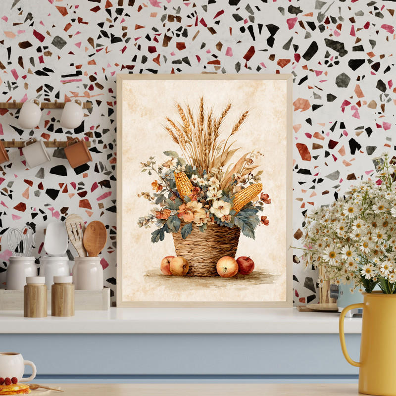 Rustic farmhouse harvest canvas wall art, muted earth tones to create a calm, cozy dorm room focal point with timeless country style.