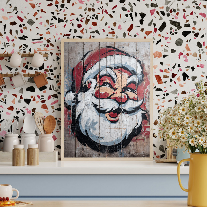 Santa Claus graffiti canvas wall art, portrait dorm style with stencil Santa, spray paint drips and red, white, black palette Santa Claus graffiti canvas wall art, portrait dorm style with stencil Santa, spray paint drips and red, white, black palette