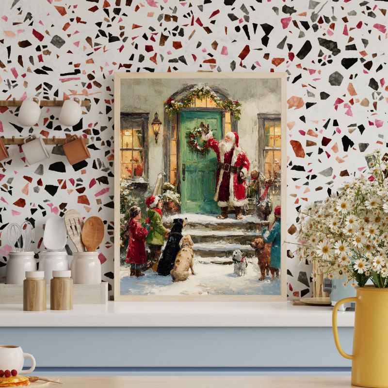 Santa on the step with green door canvas wall art, vintage tones with garland and lanterns, cozy Christmas living room accent