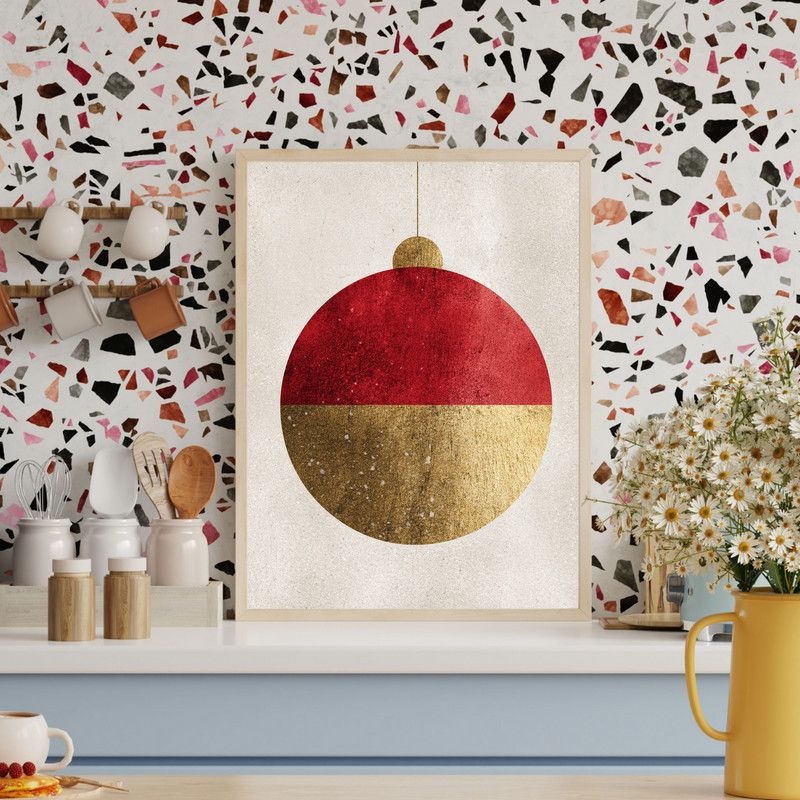 Simple Christmas canvas wall art showcasing minimalist ornaments, dorm room accent in muted red and green, vertical layout.