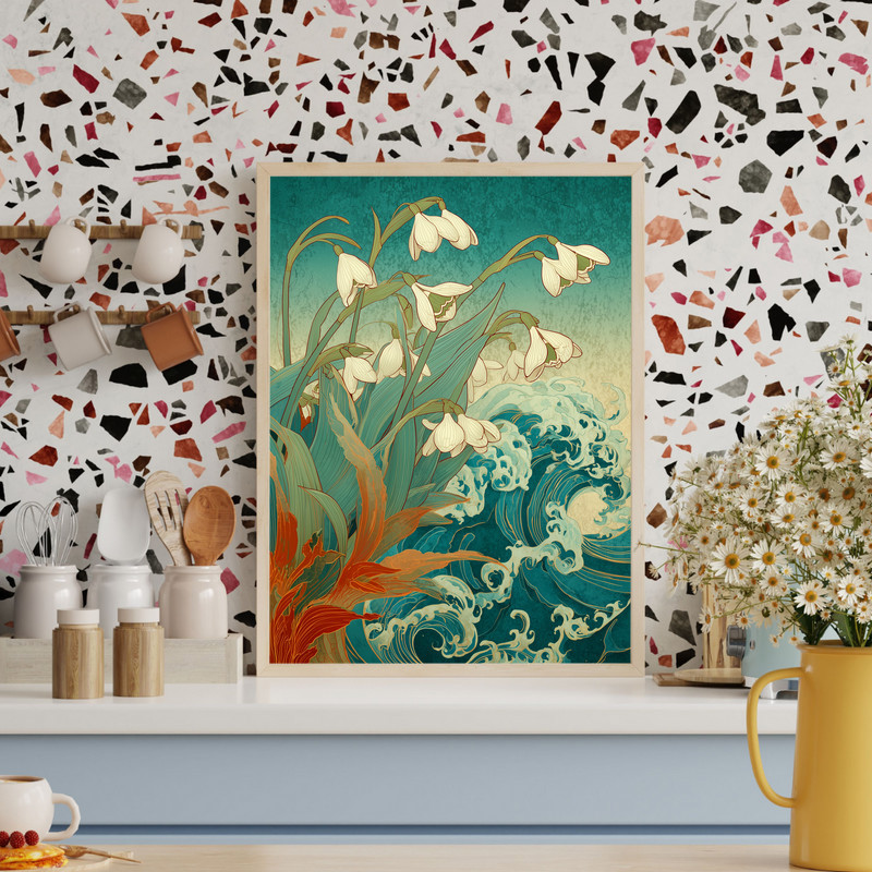 Snowdrops & Waves Harmony canvas wall art, portrait botanical focus with snowdrop petals and soft surf, serene bedroom decor