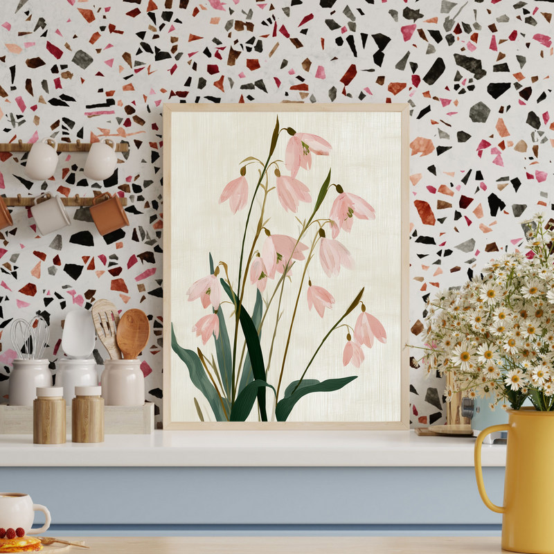 Soft blush snowdrops canvas wall art, antique cream background muted pastel palette, vintage botanical illustration style