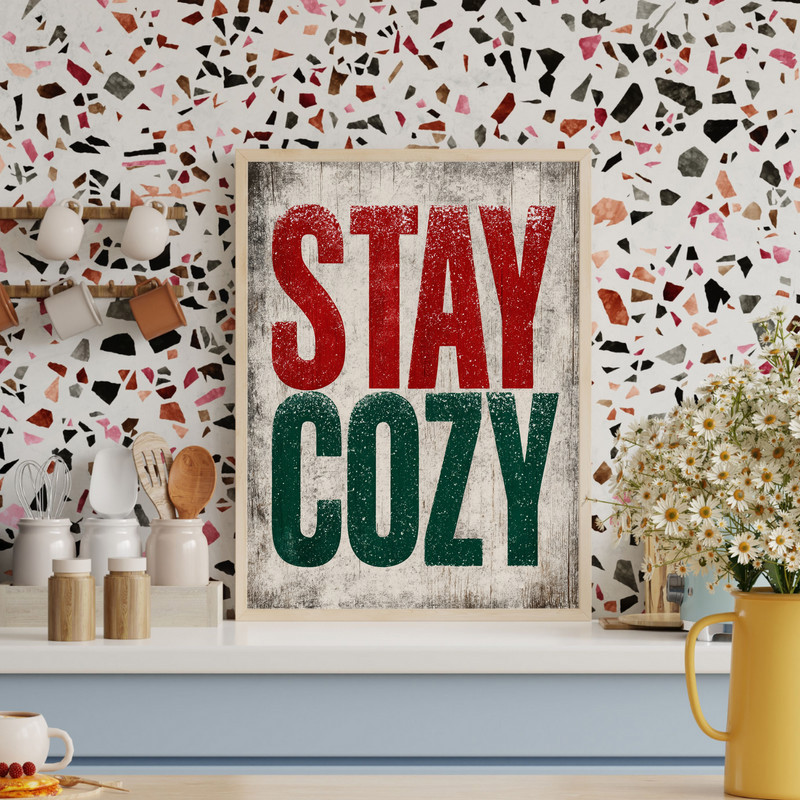 Rustic Christmas canvas wall art, red and green palette with a snowy feel, landscape orientation to warm a festive dorm wall