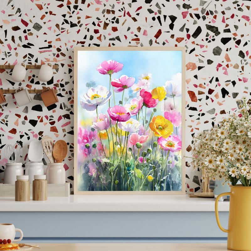 Anemone garden canvas wall art bathed in golden sunlight, delicate petals and lush greenery create a joyful spring mood