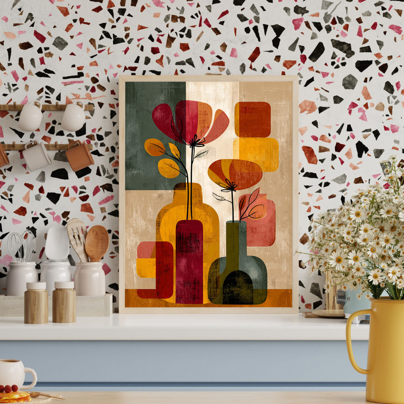 Thanksgiving flower vase canvas wall art with bold abstract brushstrokes in rust and mustard on cream, ideal dorm decor, landscape