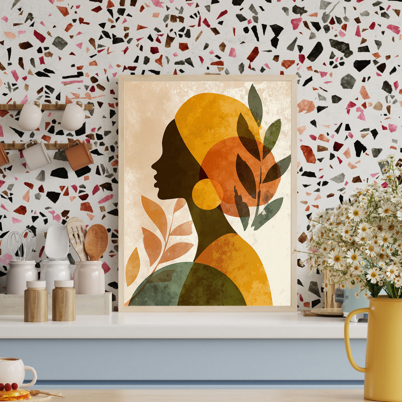 Thanksgiving inspired minimalist woman canvas wall art, terracotta and beige palette, portrait orientation for dorm rooms