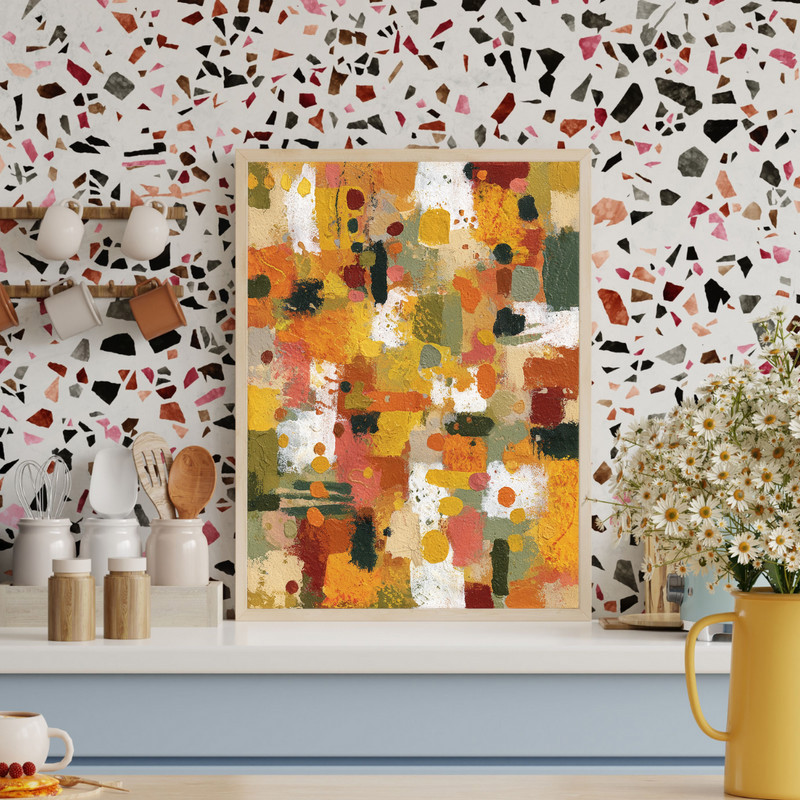 Thanksgiving vibes abstract expressionist canvas wall art, muted earth tones and gestural lines for dorm wall decor, portrait