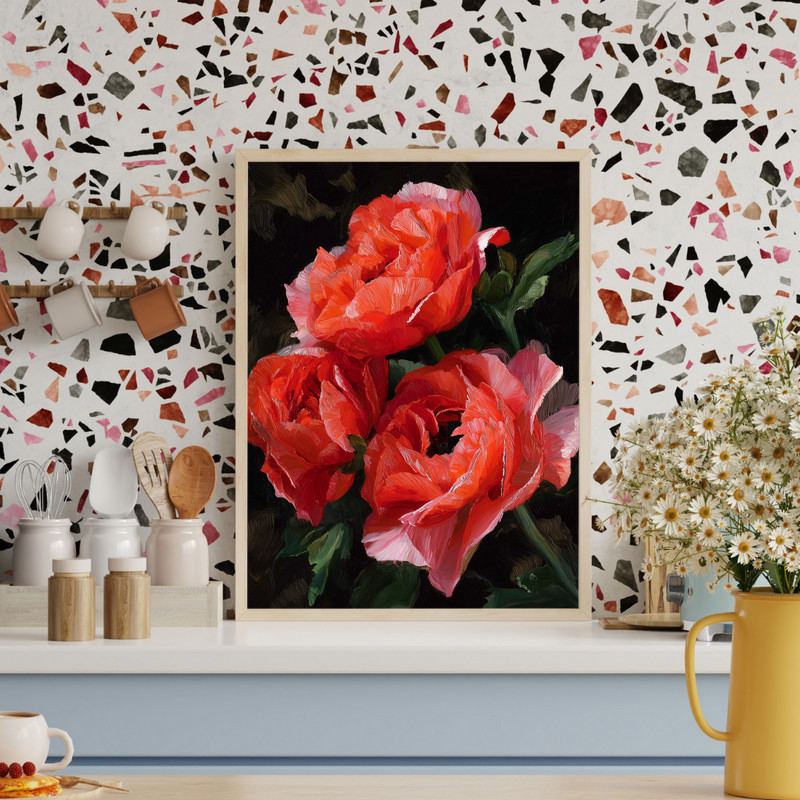 Ranunculus botanical canvas wall art, cream and peach blooms with delicate greenery, landscape layout for living room decor