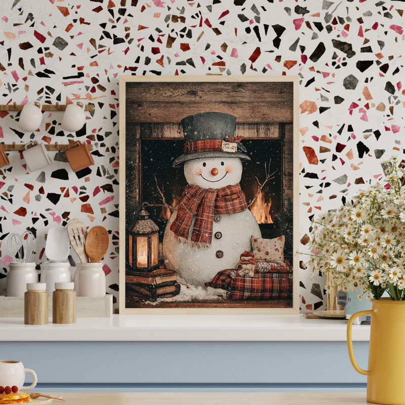 Snowman meme Christmas canvas wall art with 'Too Lit' neon lettering, snowman in fairy lights, portrait orientation on black