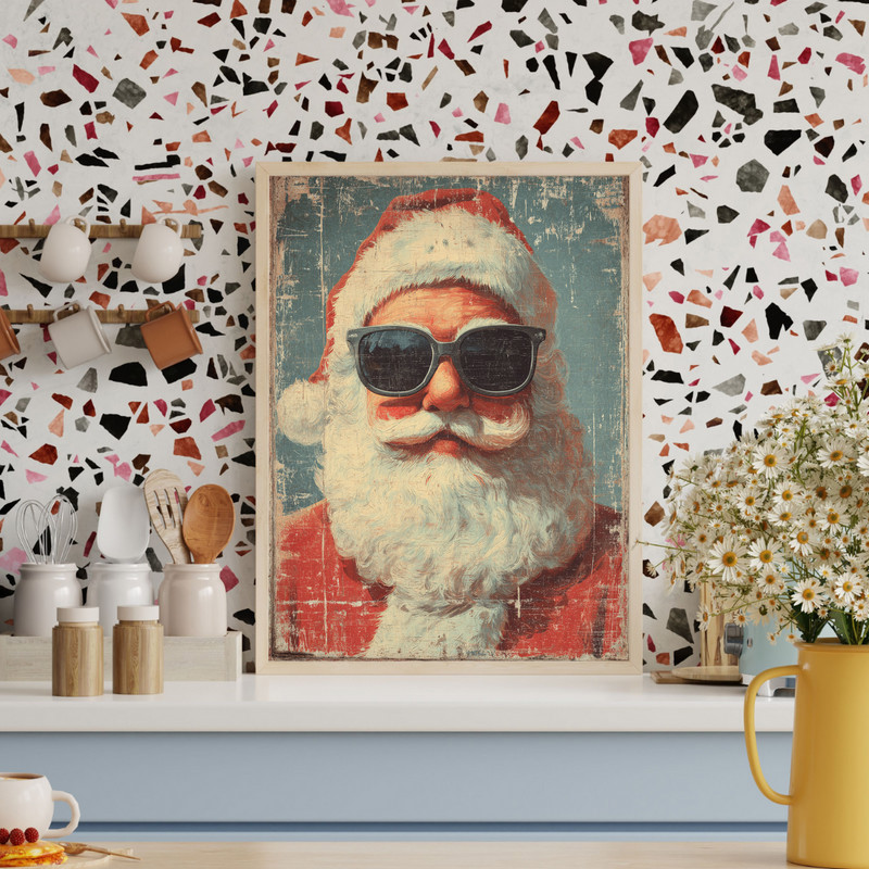 Vintage retro funny Santa portrait canvas wall art, dorm room Christmas decor in sepia tones with jolly grin and aged patina Vintage retro funny Santa portrait canvas wall art, dorm room Christmas decor in sepia tones with jolly grin and aged patina